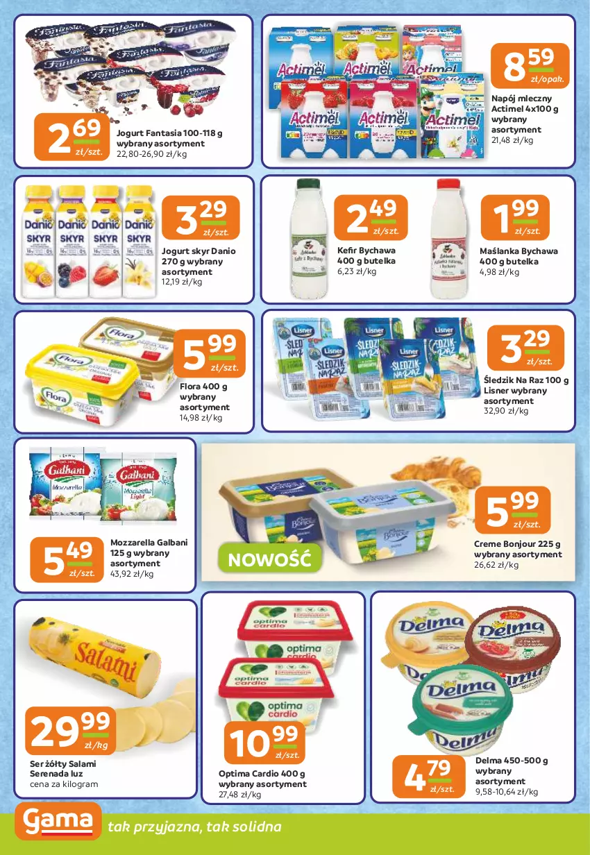 Gazetka promocyjna Gama - Gazetka Gama - ważna 04.09 do 16.09.2025 - strona 6 - produkty: Actimel, Danio, Delma, Fa, Fanta, Flora, Galbani, Gra, Jogurt, Lisner, Maślanka, Mozzarella, Napój, Napój mleczny, Optima, Optima Cardio, Salami, Ser