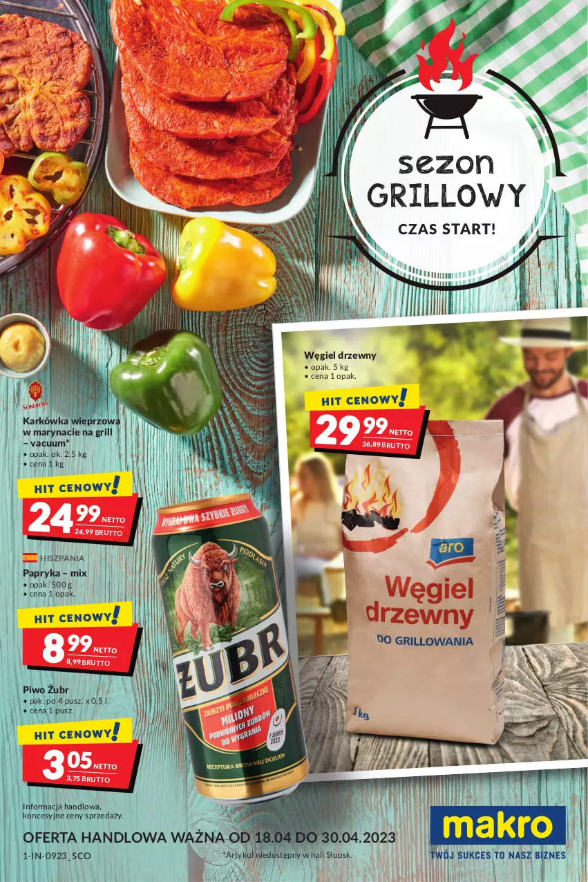 Gazetka promocyjna Makro - Sezon grillowy czas start! - oferta z alkoholem - ważna 18.04 do 30.04.2023 - strona 1 - produkty: Grill, Karkówka wieprzowa, Papryka, Piwo, Węgiel drzewny