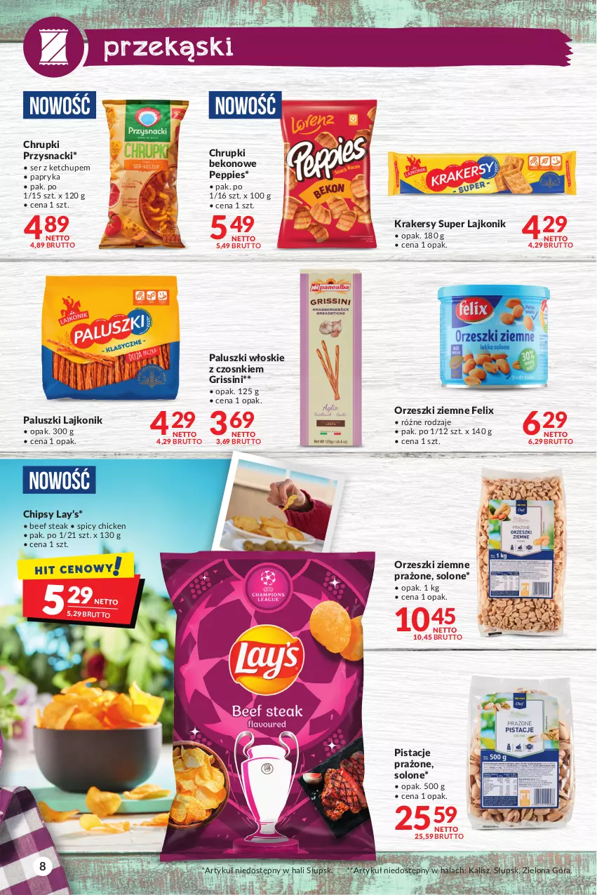 Gazetka promocyjna Makro - Sezon grillowy czas start! - oferta z alkoholem - ważna 18.04 do 30.04.2023 - strona 8 - produkty: Beko, Chipsy, Chrupki, Felix, Grissini, Ketchup, Krakersy, Lajkonik, Lay’s, Orzeszki, Orzeszki ziemne, Papryka, Pistacje, Przysnacki, Ser