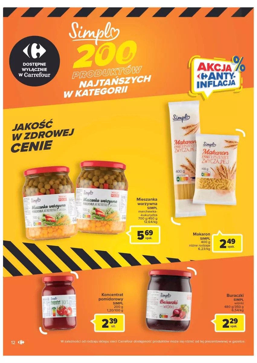 Gazetka promocyjna Carrefour - Gazetka Marki własne Carrefour - ważna 10.01 do 29.01.2023 - strona 12 - produkty: Buraczki, Koncentrat pomidorowy, Kukurydza, Makaron, Marchewka, Mieszanka warzyw