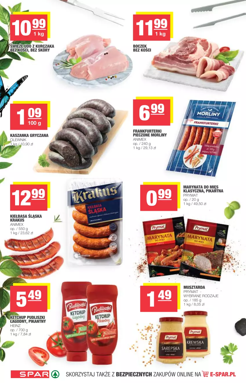 Gazetka promocyjna Spar - Spar - ważna 21.04 do 27.04.2021 - strona 4 - produkty: Boczek, Boczek bez kości, Frankfurterki, Gry, Heinz, Kasza, Kaszanka, Ketchup, Kiełbasa, Kiełbasa śląska, Krakus, Kurczak, Morliny, Mus, Musztarda, Olewnik, Piec, Prymat, Pudliszki, Udo z kurczaka