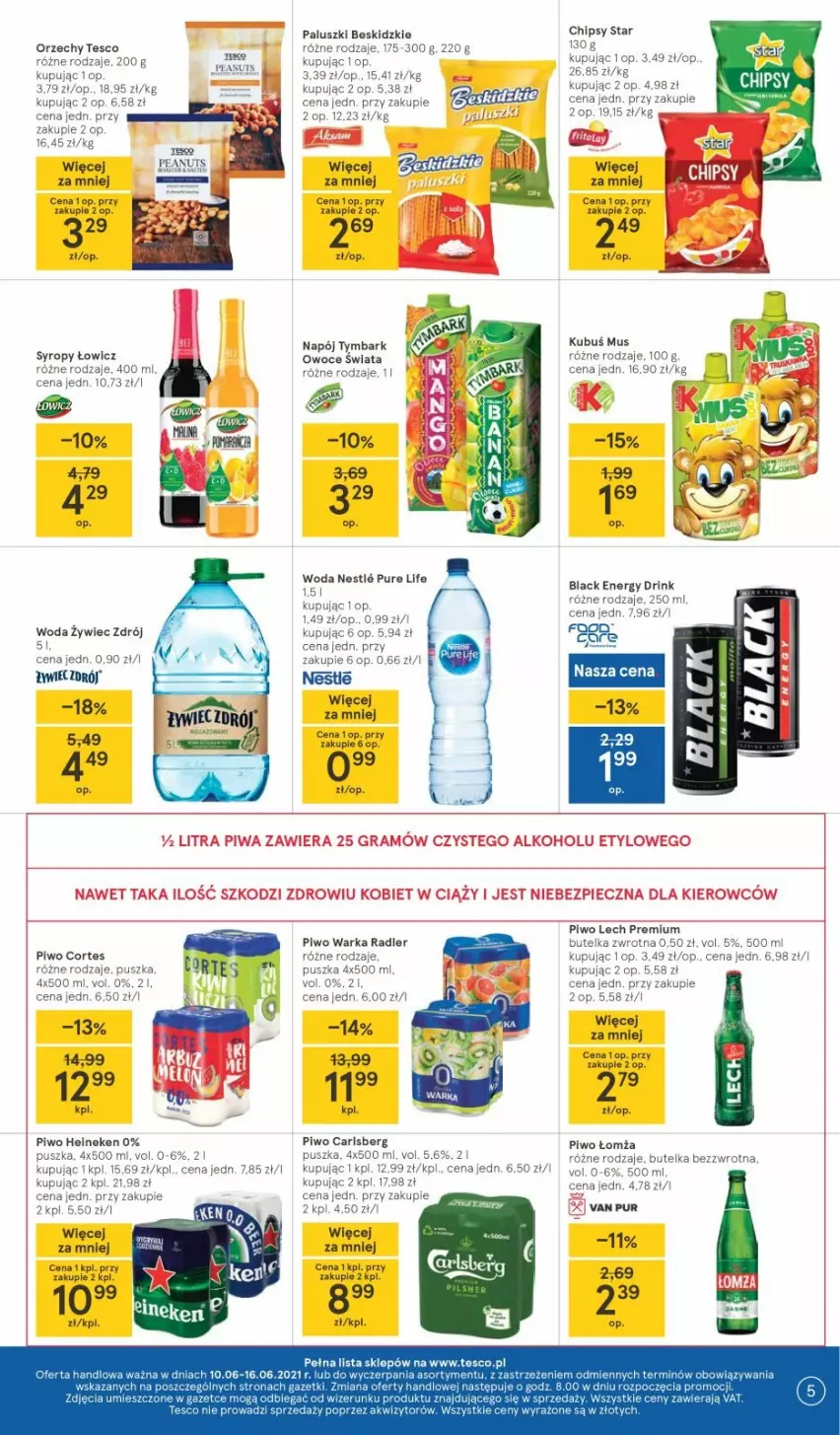 Gazetka promocyjna Tesco - Tesco gazetka - aktualna - ważna 10.06 do 16.06.2021 - strona 5 - produkty: Beskidzki, Gra, Heineken, Kubuś, Lack, Lech Premium, Mus, Piec, Piwa, Piwo, Radler, Syrop, Syropy, Warka, Woda