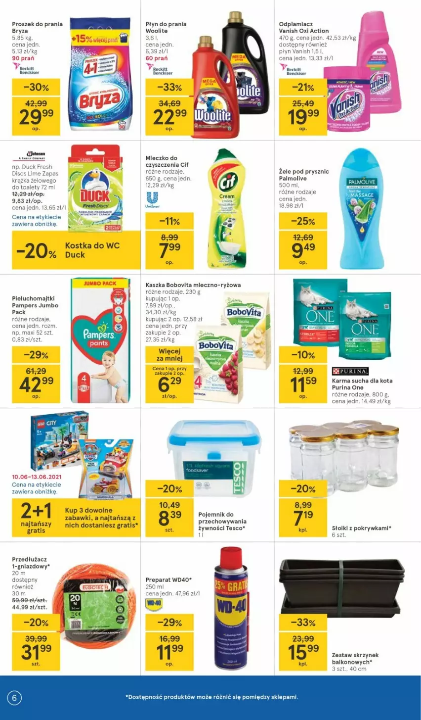 Gazetka promocyjna Tesco - Tesco gazetka - aktualna - ważna 10.06 do 16.06.2021 - strona 6 - produkty: BoboVita, Bryza, Cif, Duck, Gra, Kostka do wc, Majtki, Mleczko, Odplamiacz, Palmolive, Pampers, Pieluchomajtki, Płyn do prania, Proszek do prania, Pur, Purina, Ryż, Ser, Vanish, Woolite