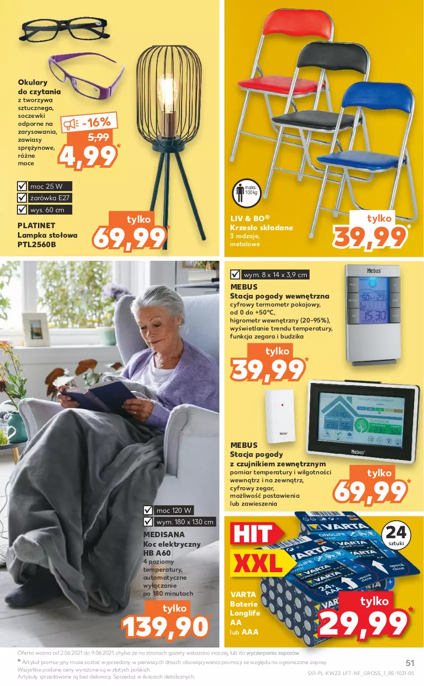 Gazetka promocyjna Kaufland - OFERTA TYGODNIA - ważna 02.06 do 09.06.2021 - strona 51 - produkty: Budzik, Gra, Isana, Koc, Krzesło, Krzesło składane, LG, Okulary do czytania, PLATINET, Por, Termometr, Varta, Zegar