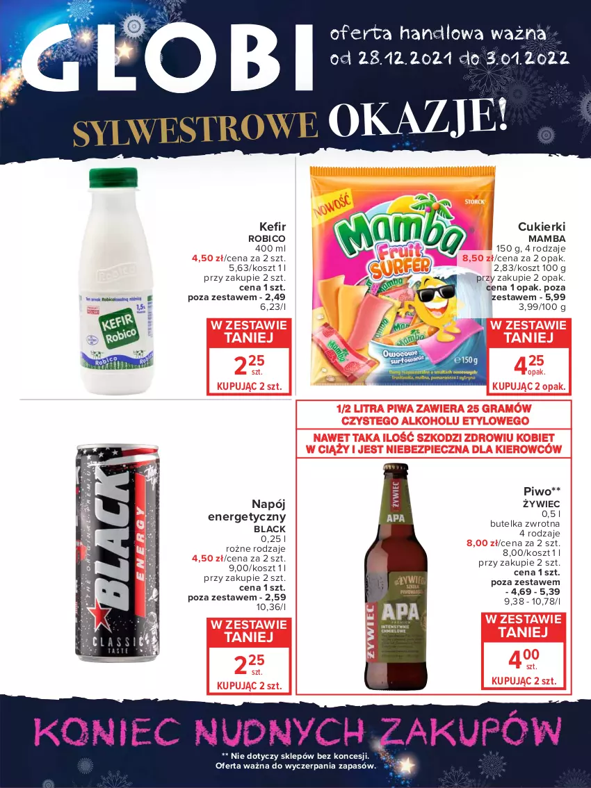 Gazetka promocyjna Carrefour - Gazetka Globi - ważna 28.12.2021 do 03.01.2022 - strona 1 - produkty: BIC, Cukier, Cukierki, Gra, Kosz, Lack, Mamba, Napój, Napój energetyczny, Piec, Piwa, Piwo, Robico