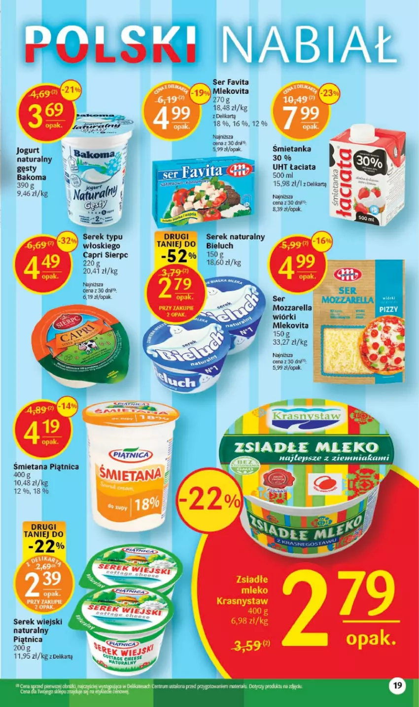 Gazetka promocyjna Delikatesy Centrum - Gazetka DC29 - ważna 27.07 do 02.08.2023 - strona 19 - produkty: Bakoma, Bieluch, Fa, Favita, Jogurt, Jogurt naturalny, Mleko, Mlekovita, Mozzarella, Piątnica, Ser, Serek, Serek naturalny, Serek wiejski