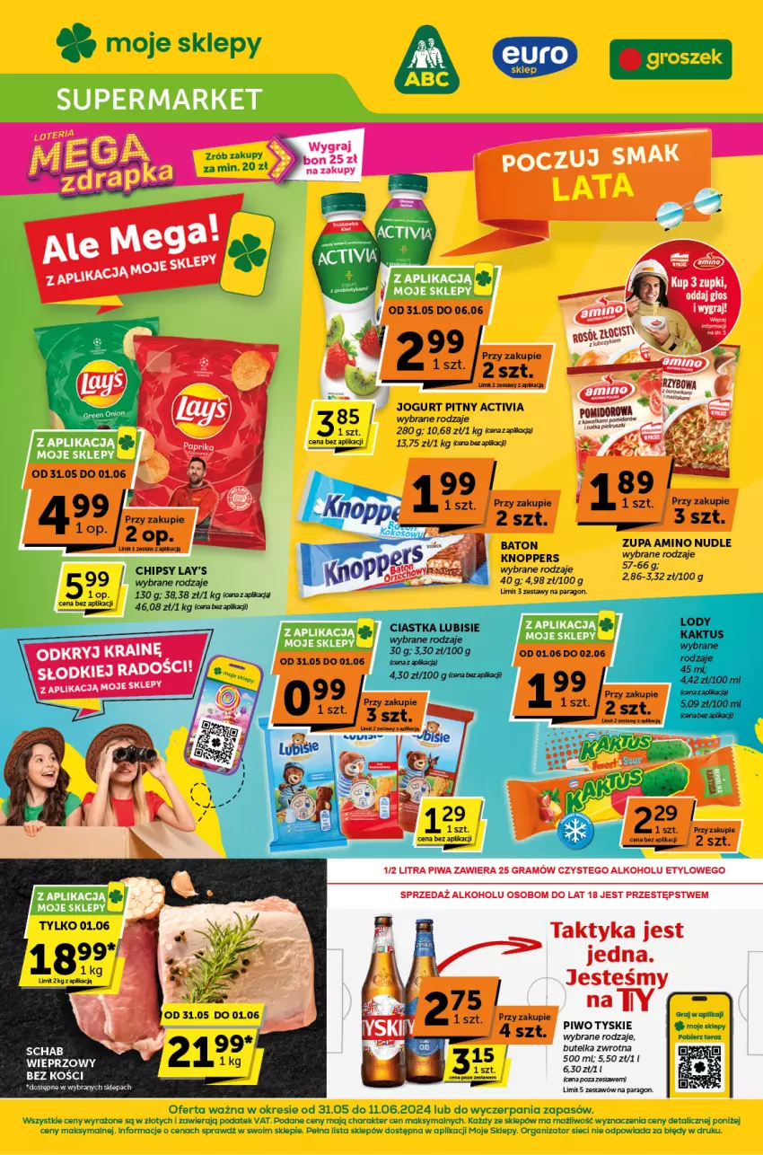 Gazetka promocyjna ABC - ważna 31.05 do 11.06.2024 - strona 1 - produkty: Activia, Baton, Chipsy, Jogurt, Jogurt pitny, Knoppers, Piwo, Tyskie, Zupa