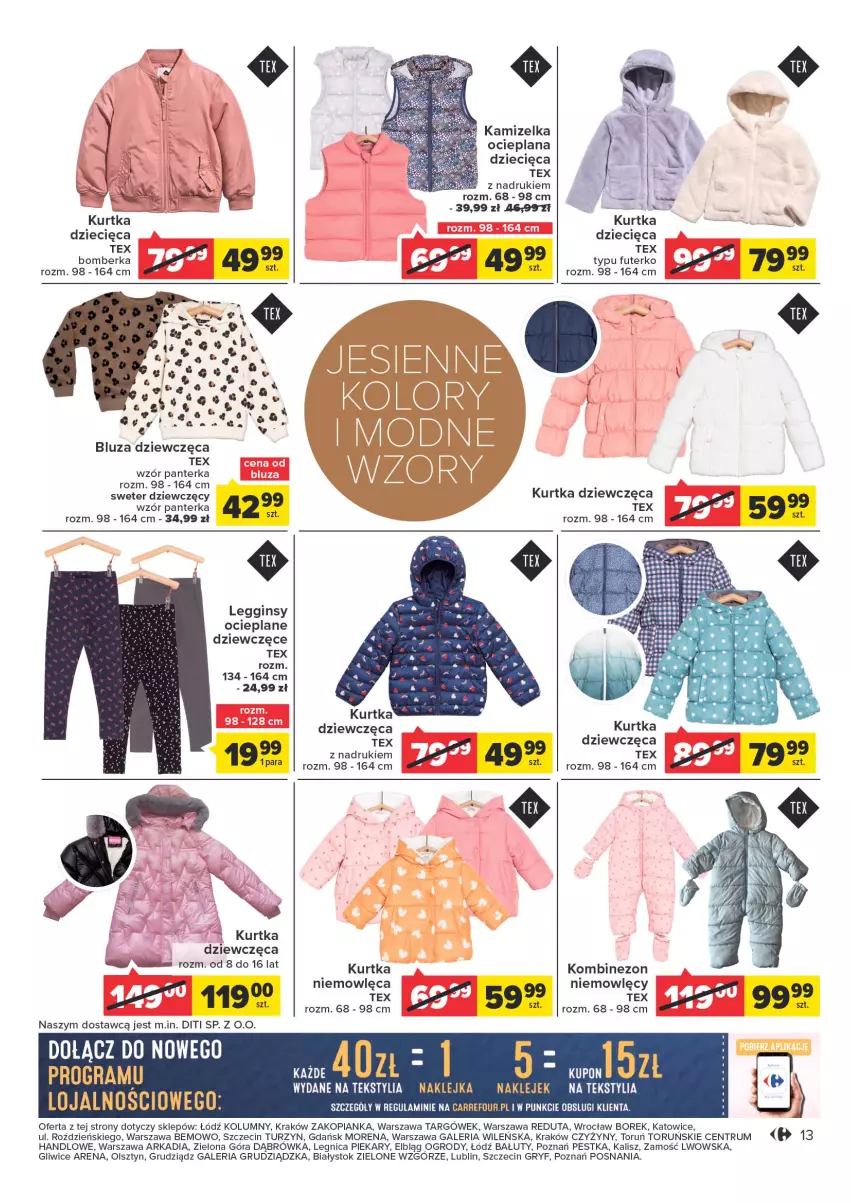 Gazetka promocyjna Carrefour - Gazetka Jesień trendy niesie - ważna 04.10 do 15.10.2022 - strona 13 - produkty: Bluza, Dzieci, Gin, Gra, Gry, Klej, Kombinezon, Kurtka, Kurtka dziecięca, LANA, Legginsy, Legginsy ocieplane, LG, Rum, Sweter