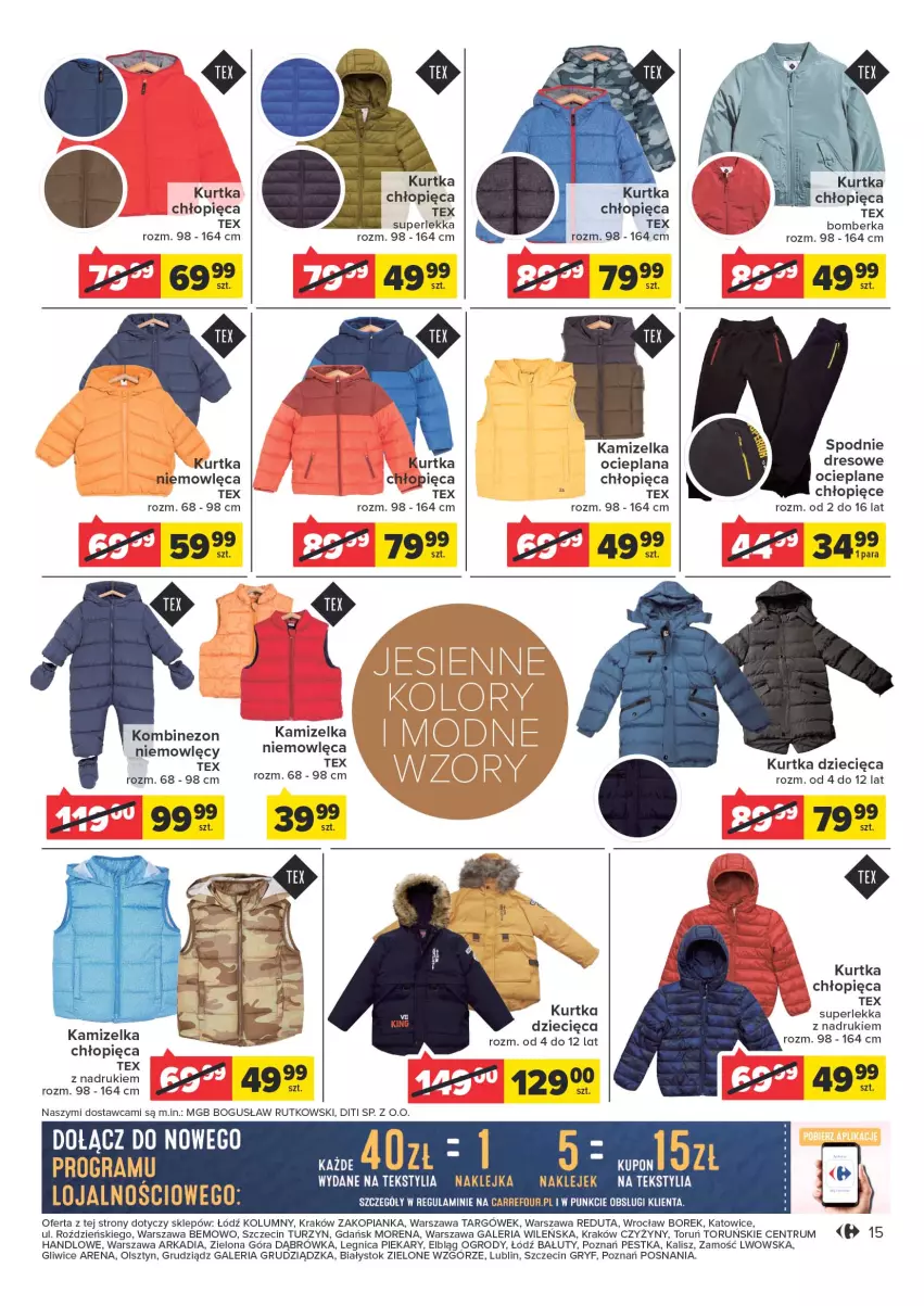 Gazetka promocyjna Carrefour - Gazetka Jesień trendy niesie - ważna 04.10 do 15.10.2022 - strona 15 - produkty: Dres, Dzieci, Gry, Kamizelka, Klej, Kombinezon, Kurtka, Kurtka dziecięca, Kurtka ocieplana, LANA, Rum, Spodnie