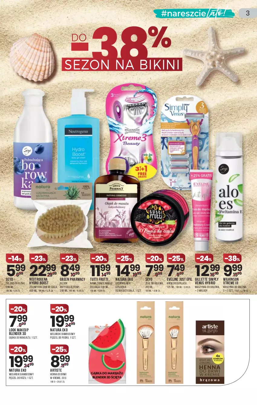 Gazetka promocyjna Drogerie Natura - Gazetka Drogerie Natura - ważna 01.07 do 14.07.2021 - strona 3 - produkty: Balsam do ciała, Bikini, Blender, Eveline, Gillette, Green pharmacy, Krem do depilacji, Makijaż, Masło, Masło do ciała, Maszynka, Maszynka do golenia, Neutrogena, Olej, Pędzel do pudru, Pędzel do różu, Szczotka, Szynka, Venus