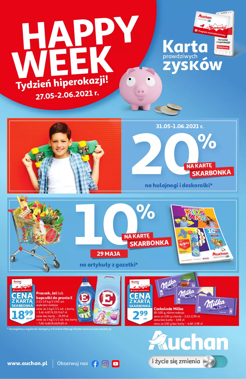 Gazetka promocyjna Auchan - Skarbonka #21 - ważna 27.05 do 02.06.2021 - strona 1 - produkty: Czekolada, Kapsułki do prania, Milka, Rolki, Ser