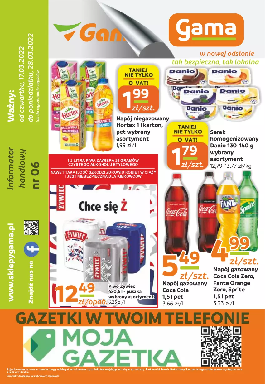 Gazetka promocyjna Gama - Gazetka Gama - ważna 28.03.2022 do 17.03.2023 - strona 12 - produkty: Danio, Fa, Fanta, Gra, Hortex, Napój, Napój gazowany, Napój niegazowany, Piec, Piwa, Piwo, Ser, Serek, Serek homogenizowany, Sprite, Telefon