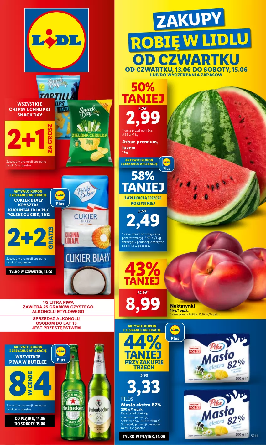 Gazetka promocyjna Lidl - GAZETKA - ważna 13.06 do 15.06.2024 - strona 1 - produkty: Arbuz, Chipsy, Chrupki, Cukier, Gra, Kuchnia, Masło, Nektar, Pilos, Piwa, Sok