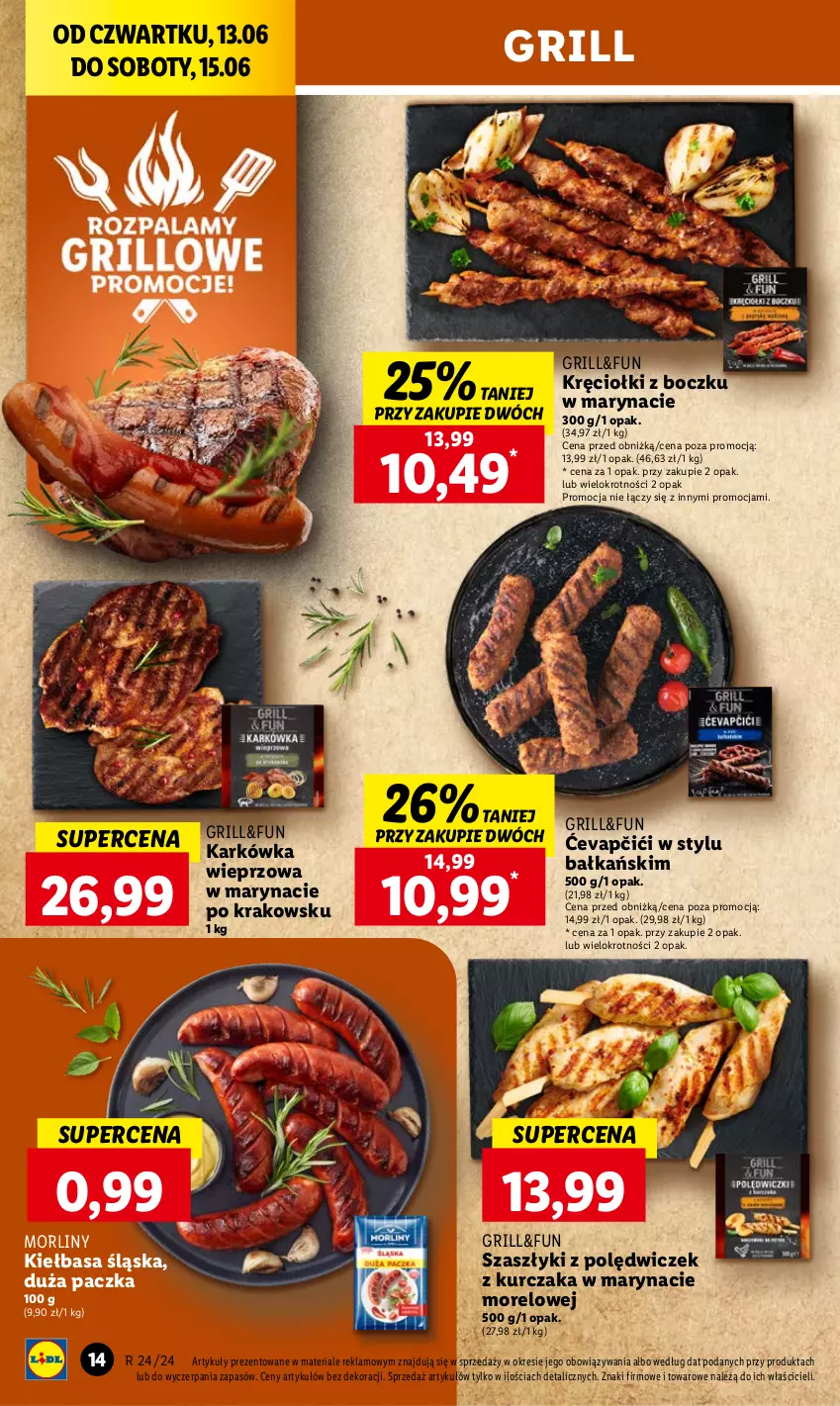 Gazetka promocyjna Lidl - GAZETKA - ważna 13.06 do 15.06.2024 - strona 18 - produkty: Grill, Karkówka wieprzowa, Kiełbasa, Kiełbasa śląska, Kurczak, Morliny