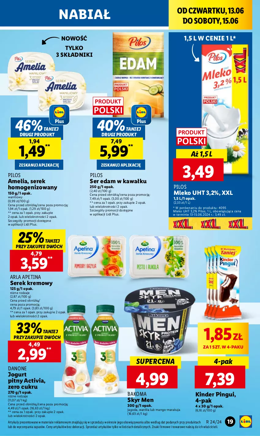 Gazetka promocyjna Lidl - GAZETKA - ważna 13.06 do 15.06.2024 - strona 25 - produkty: Activia, Bakoma, Danone, Edam, Jogurt, Jogurt pitny, Kawa, Kinder, Mango, Mleko, Pilos, Por, Ser, Serek, Serek homogenizowany