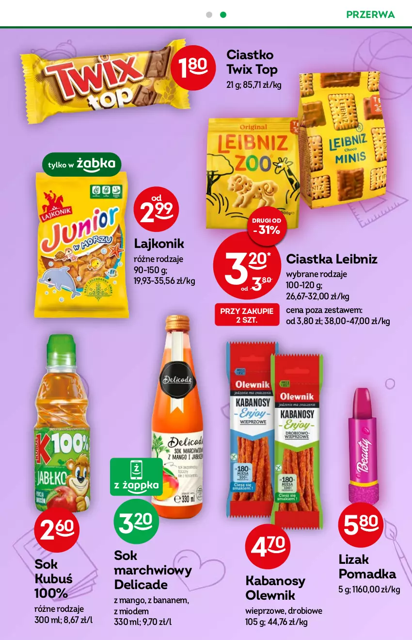 Gazetka promocyjna Żabka - ważna 31.08 do 06.09.2022 - strona 27 - produkty: Ciastka, Kabanos, Kubuś, Lajkonik, Mango, Olewnik, Sok, Top, Twix