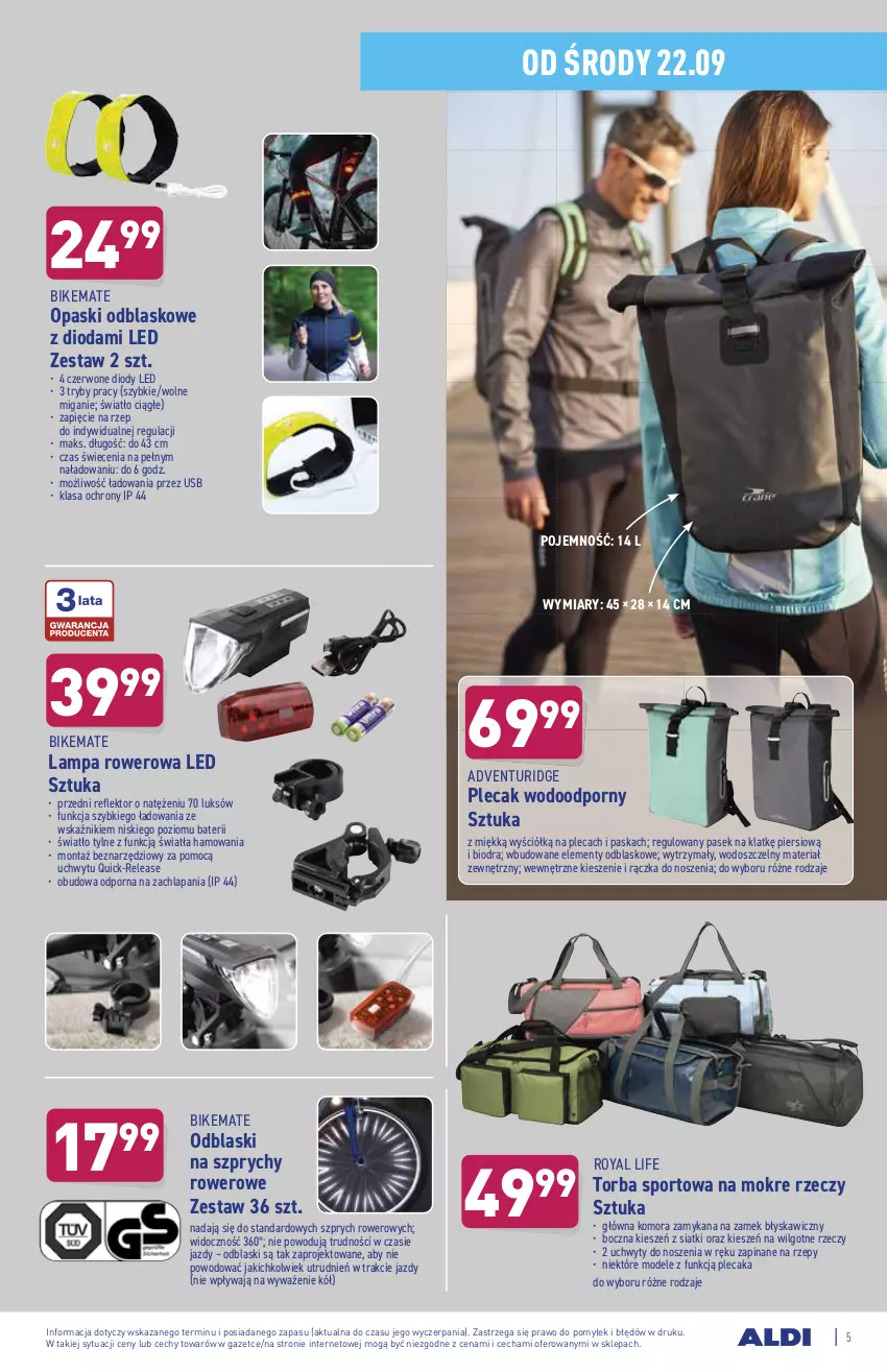 Gazetka promocyjna Aldi - OKAZJE DLA CIEBIE I DOMU - ważna 22.09 do 25.09.2021 - strona 5 - produkty: Lampa, LG, Pasek, Plecak, Por, Reflektor, Rower, Sport, Torba, Uchwyty