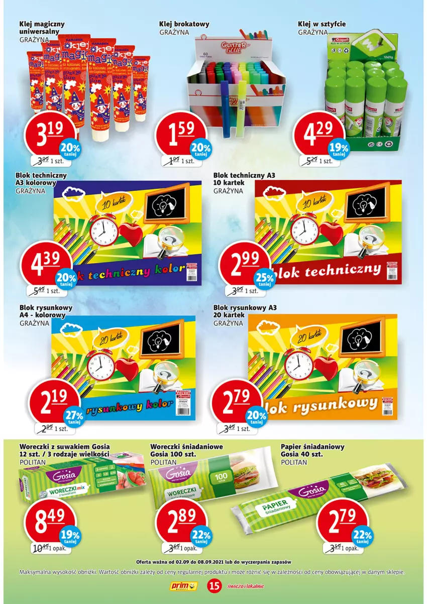 Gazetka promocyjna Prim Market - Gazetka - ważna 02.09 do 08.09.2021 - strona 15 - produkty: Danio, Gra, Klej, Klej brokatowy, Papier, Sok