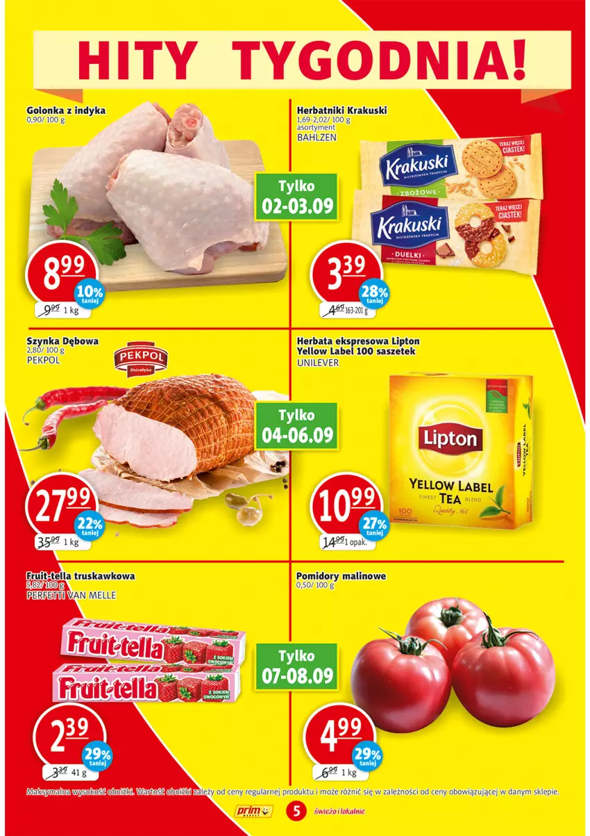 Gazetka promocyjna Prim Market - Gazetka - ważna 02.09 do 08.09.2021 - strona 5 - produkty: Golonka z indyka, Herbata, Herbatniki, Krakus, Krakuski, Lipton, Malm, Pekpol, Pomidory, Sok, Szynka