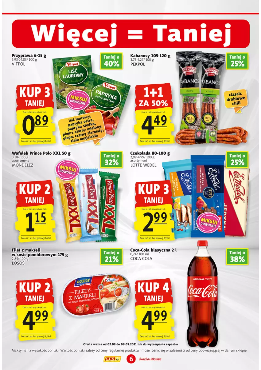 Gazetka promocyjna Prim Market - Gazetka - ważna 02.09 do 08.09.2021 - strona 6 - produkty: Coca-Cola, Czekolada, Filet z makreli, Kabanos, Pekpol, Pieprz, Prince Polo, Sos, Wafelek