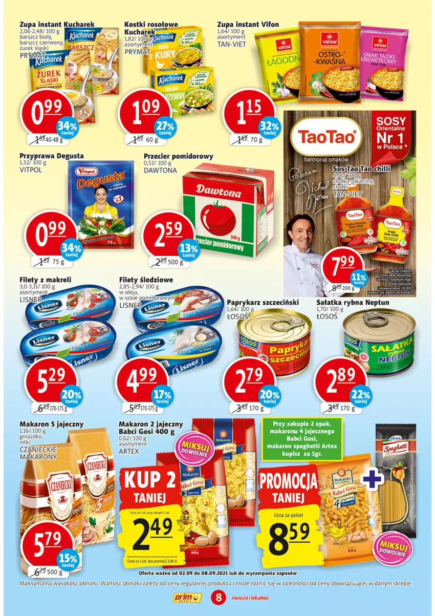 Gazetka promocyjna Prim Market - Gazetka - ważna 02.09 do 08.09.2021 - strona 8 - produkty: Dawtona, Kostki rosołowe, Kucharek, Makaron, Olej, Papryka, Paprykarz, Paprykarz szczeciński, Prymat, Sałat, Sałatka, Sos, Spaghetti, Zupa