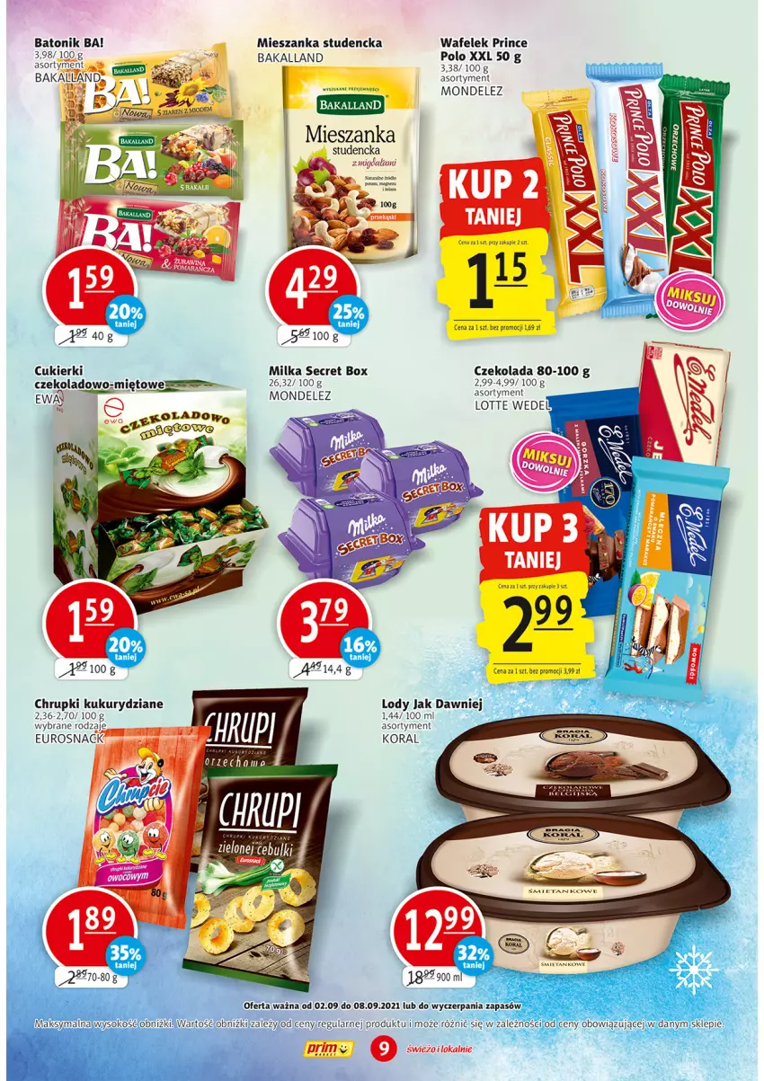 Gazetka promocyjna Prim Market - Gazetka - ważna 02.09 do 08.09.2021 - strona 9 - produkty: Ba!, Bakalland, Baton, Cukier, Cukierki, Czekolada, Lody, Mieszanka studencka, Milka, Sok, Tonik, Wafelek