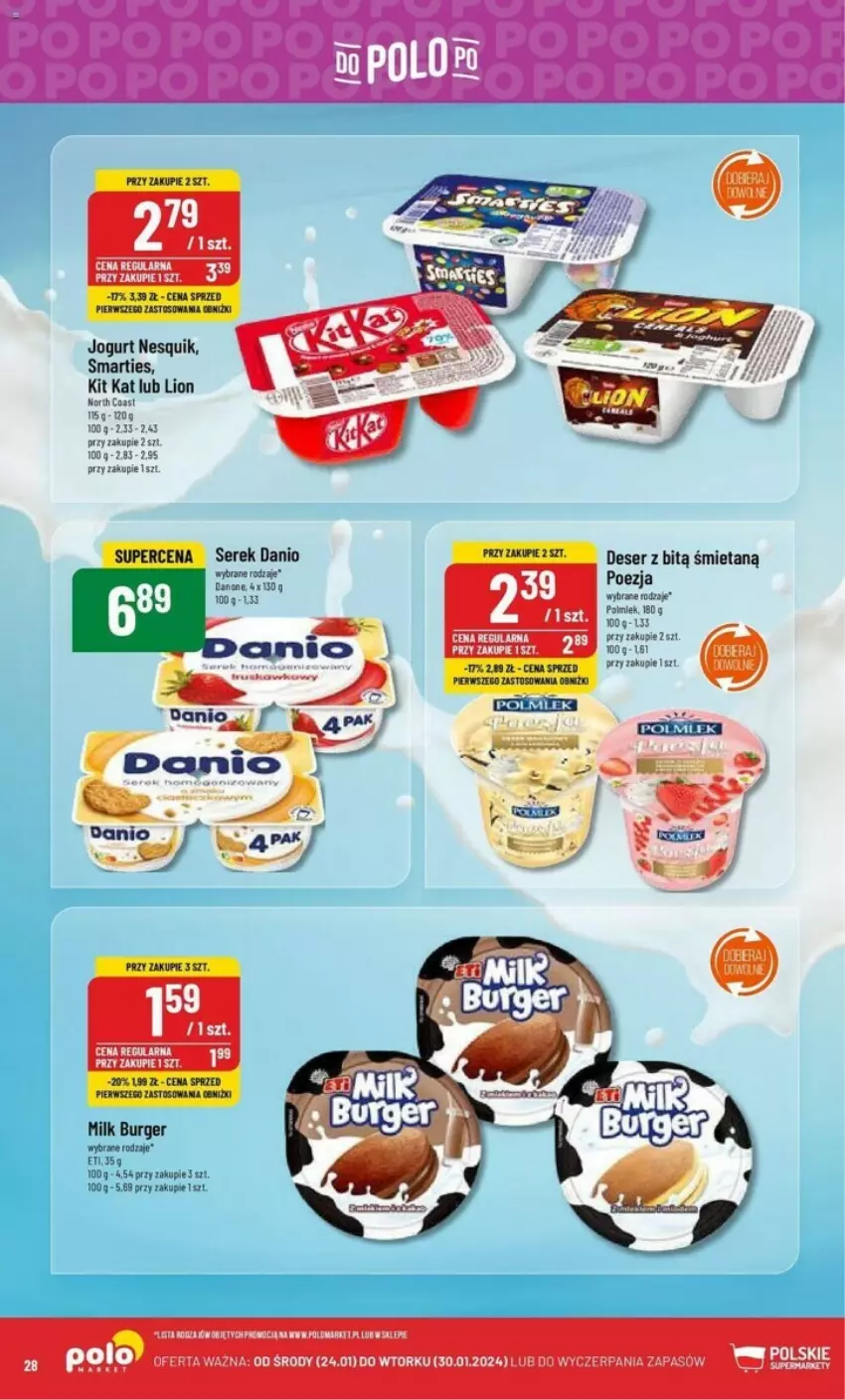 Gazetka promocyjna PoloMarket - ważna 24.01 do 30.01.2024 - strona 21 - produkty: Burger, Danio, Danone, Deser, Jogurt, Kit Kat, Lion, Nesquik, Polmiek, Ser, Serek