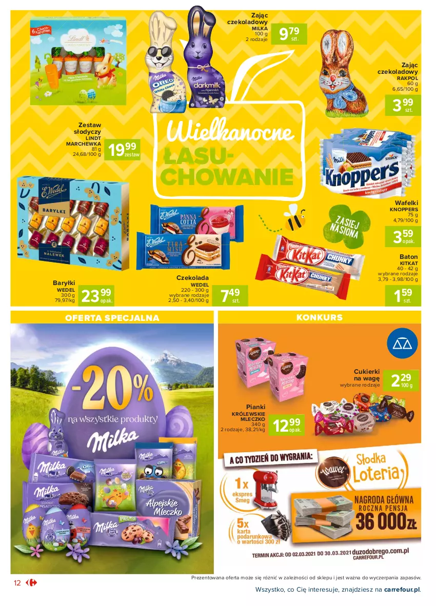 Gazetka promocyjna Carrefour - Gazetka Market - ważna 15.03 do 22.03.2021 - strona 12 - produkty: Baryłki, Baton, Cukier, Cukierki, Czekolada, Knoppers, Królewski, Królewskie Mleczko, Lindt, Marchewka, Milka, Mleczko