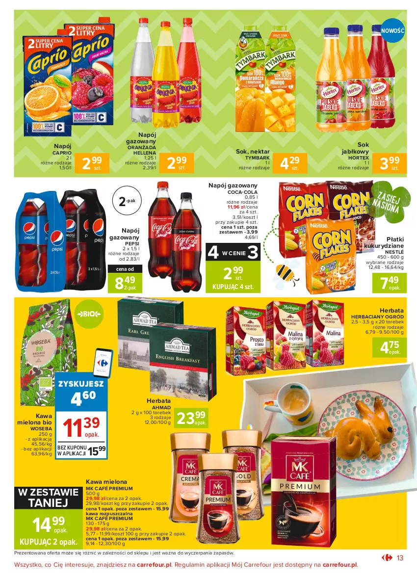 Gazetka promocyjna Carrefour - Gazetka Market - ważna 15.03 do 22.03.2021 - strona 13 - produkty: Coca-Cola, Hellena, Herbata, Hortex, Kawa, Kawa mielona, Kawa rozpuszczalna, Kosz, Napój, Napój gazowany, Nektar, Nestlé, Ogród, Oranżada, Pepsi, Sok, Sok jabłkowy, Tymbark, Woseba