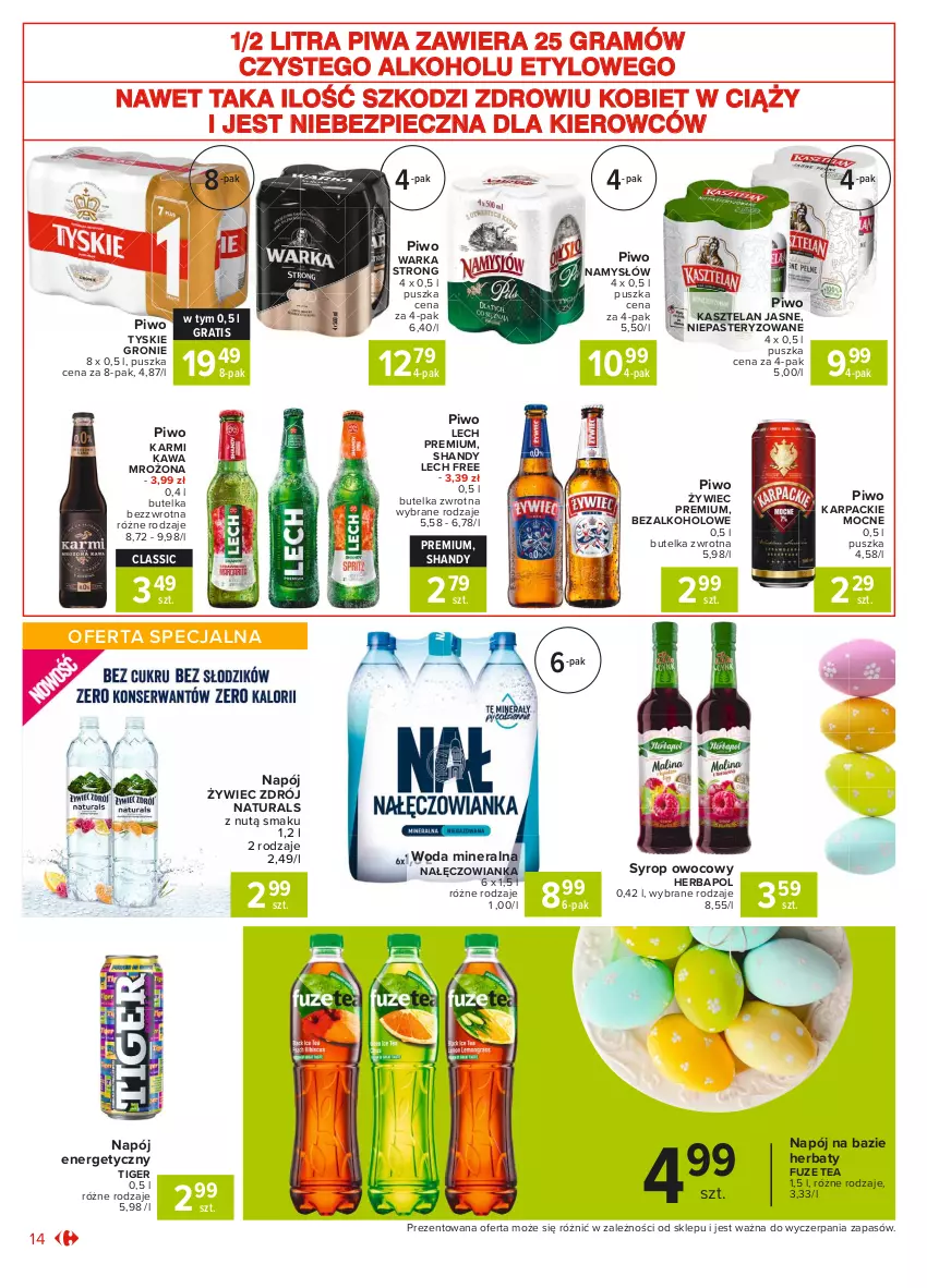 Gazetka promocyjna Carrefour - Gazetka Market - ważna 15.03 do 22.03.2021 - strona 14 - produkty: Gra, Herbapol, Karmi, Karp, Kasztelan, Kawa, Lech Premium, Nałęczowianka, Namysłów, Napój, Napój energetyczny, Piec, Piwa, Piwo, Syrop, Tiger, Tyskie, Warka, Woda, Woda mineralna