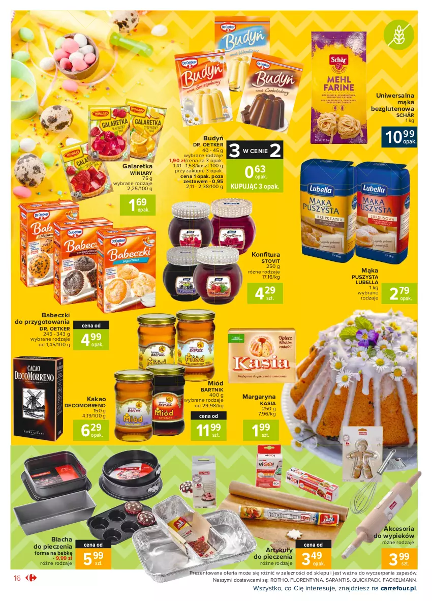 Gazetka promocyjna Carrefour - Gazetka Market - ważna 15.03 do 22.03.2021 - strona 16 - produkty: Babeczki, Bell, Bella, Blacha do pieczenia, Budyń, Dr. Oetker, Fa, Gala, Galaretka, Kakao, Kasia, Kosz, Lubella, Mąka, Margaryna, Miód, Piec, Winiary