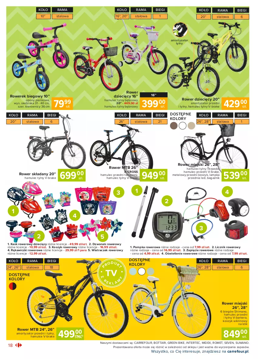 Gazetka promocyjna Carrefour - Gazetka Market - ważna 15.03 do 22.03.2021 - strona 18 - produkty: Dzieci, Dzwonek, Kask, Kosz, Mule, Opony, Pompka, Rama, Rower, Rowerek