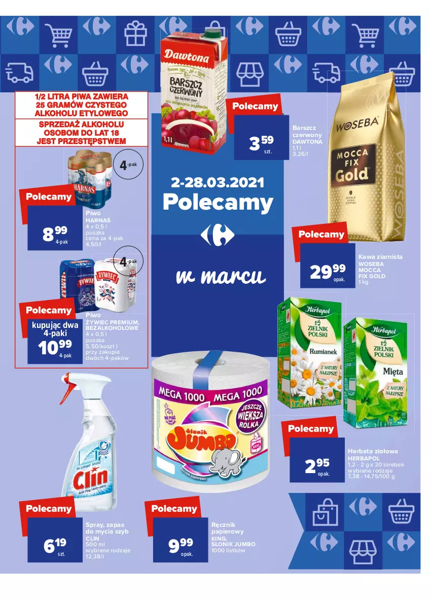 Gazetka promocyjna Carrefour - Gazetka Market - ważna 15.03 do 22.03.2021 - strona 21 - produkty: Clin, Dawtona, Gra, Harnaś, Herbapol, Herbata, Kawa, Kawa ziarnista, Kosz, Mocca Fix Gold, Papier, Piwa, Piwo, Ręcznik, Woseba