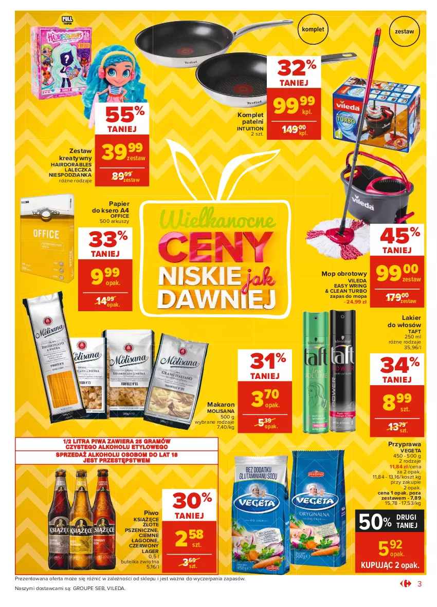 Gazetka promocyjna Carrefour - Gazetka Market - ważna 15.03 do 22.03.2021 - strona 3 - produkty: Gra, Isana, Kosz, Książęce, Lakier, Lakier do włosów, Makaron, Mop, Papier, Papier do ksero, Piwa, Piwo, Ser, Taft, Vegeta, Vileda