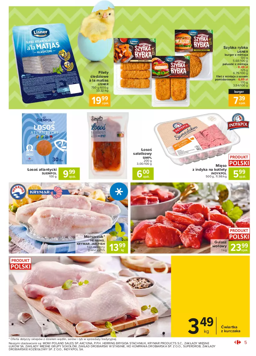 Gazetka promocyjna Carrefour - Gazetka Market - ważna 15.03 do 22.03.2021 - strona 5 - produkty: Burger, Filet z mintaja, Glazura, Gulasz wołowy, Kotlet, Kurczak, Lazur, Lisner, Mięso, Mięso z indyka, Mintaj, Sałat, Ser, Sok, Sokołów, Sos, Suempol