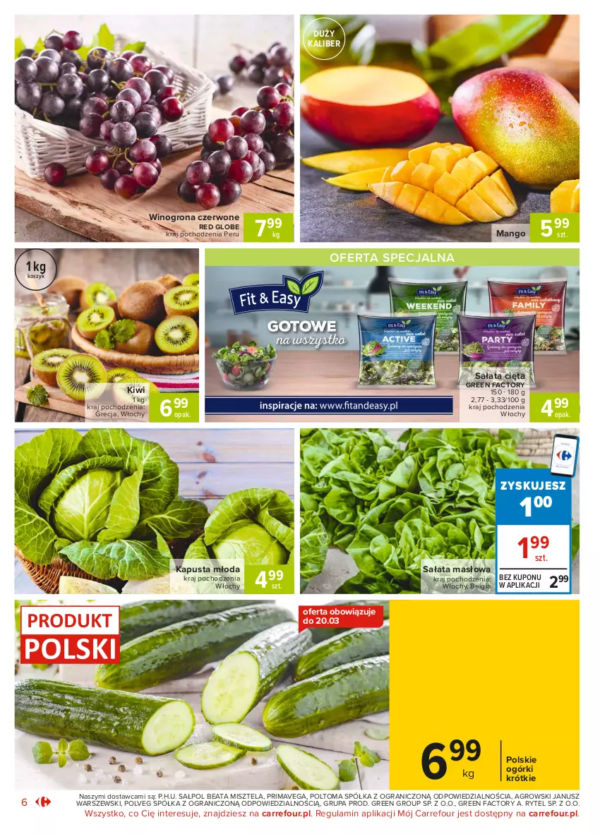 Gazetka promocyjna Carrefour - Gazetka Market - ważna 15.03 do 22.03.2021 - strona 6 - produkty: Fa, Gra, Kiwi, Kosz, LG, Mango, Masło, Półka, Prima, Sałat, Sałata masłowa, Wino, Winogrona