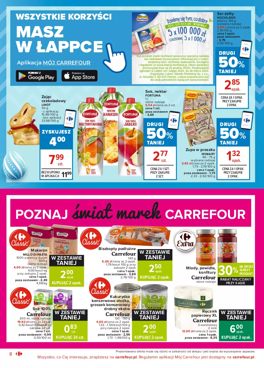 Gazetka promocyjna Carrefour - Gazetka Market - ważna 15.03 do 22.03.2021 - strona 8 - produkty: Biszkopty, Fortuna, Groszek, Hochland, Kosz, Kukurydza, Kukurydza konserwowa, Lindt, Makaron, Nektar, Papier, Ręcznik, Rolki, Rum, Ser, Sok, Winiary, Zupa