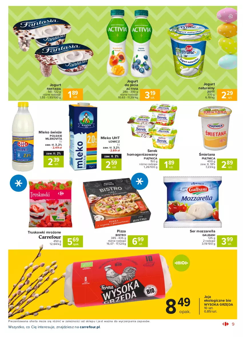 Gazetka promocyjna Carrefour - Gazetka Market - ważna 15.03 do 22.03.2021 - strona 9 - produkty: Activia, Fa, Fanta, Galbani, Jaja, Jogurt, Jogurt naturalny, Mleko, Mlekovita, Mozzarella, Piątnica, Pizza, Ser, Serek, Serek homogenizowany, Sok, Truskawki, Zott