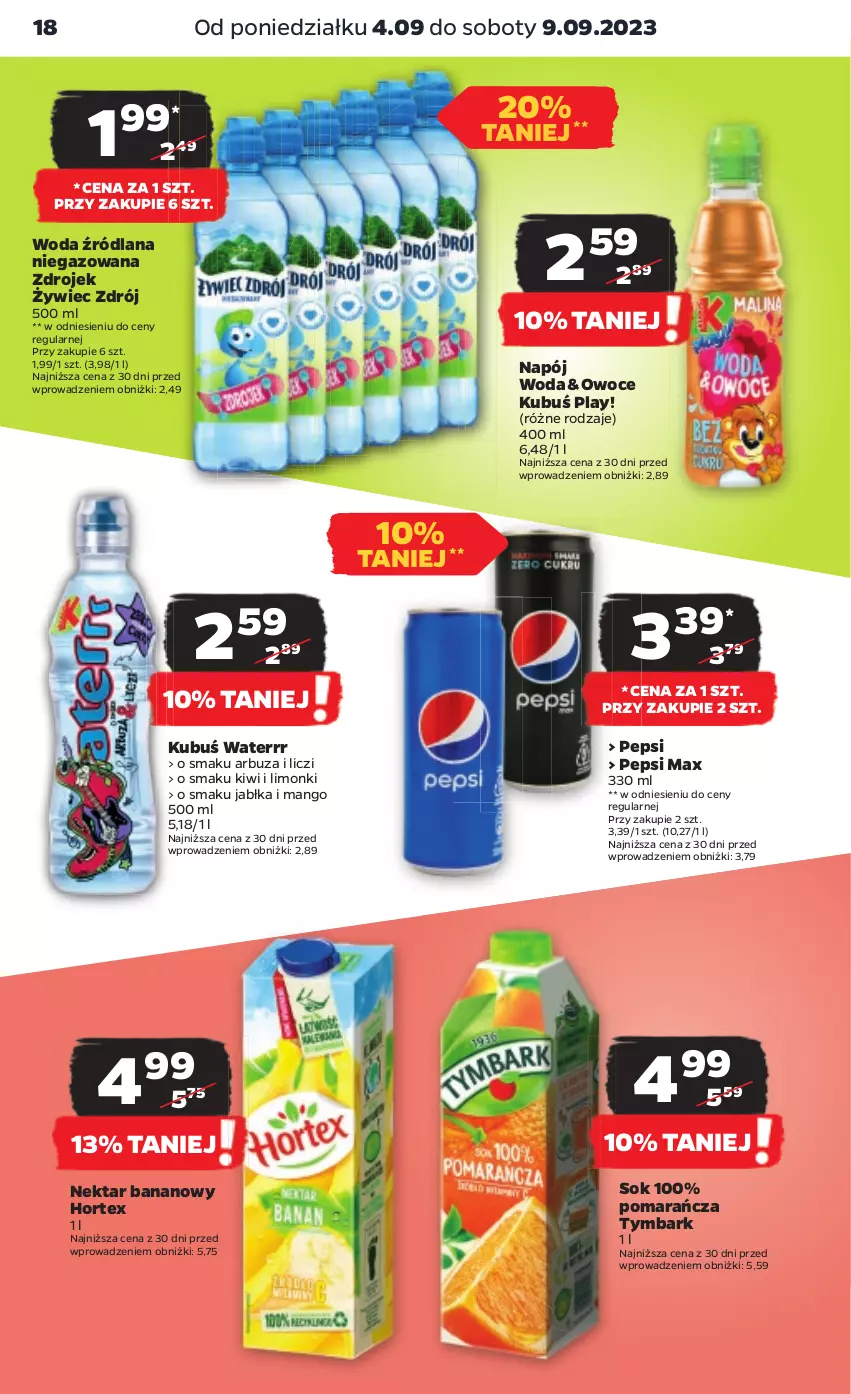 Gazetka promocyjna Netto - Artykuły spożywcze - ważna 04.09 do 09.09.2023 - strona 18 - produkty: Arbuz, Hortex, Jabłka, Kiwi, Kubuś, Kubuś Waterrr, LANA, Liczi, Mango, Napój, Nektar, Nektar bananowy, Owoce, Pepsi, Pepsi max, Sok, Tymbark, Woda