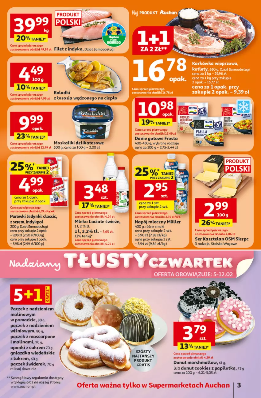 Gazetka promocyjna Auchan - Gazetka 30 Lat Supermarket Auchan Franczyza - ważna 05.02 do 11.02.2026 - strona 3 - produkty: Danie gotowe, Donut, Frosta, Gra, Kasztelan, Mars, Mascarpone, Mleko, Napój, Napój mleczny, Pączek, Parówki, Ser, Ser Kasztelan, Sos