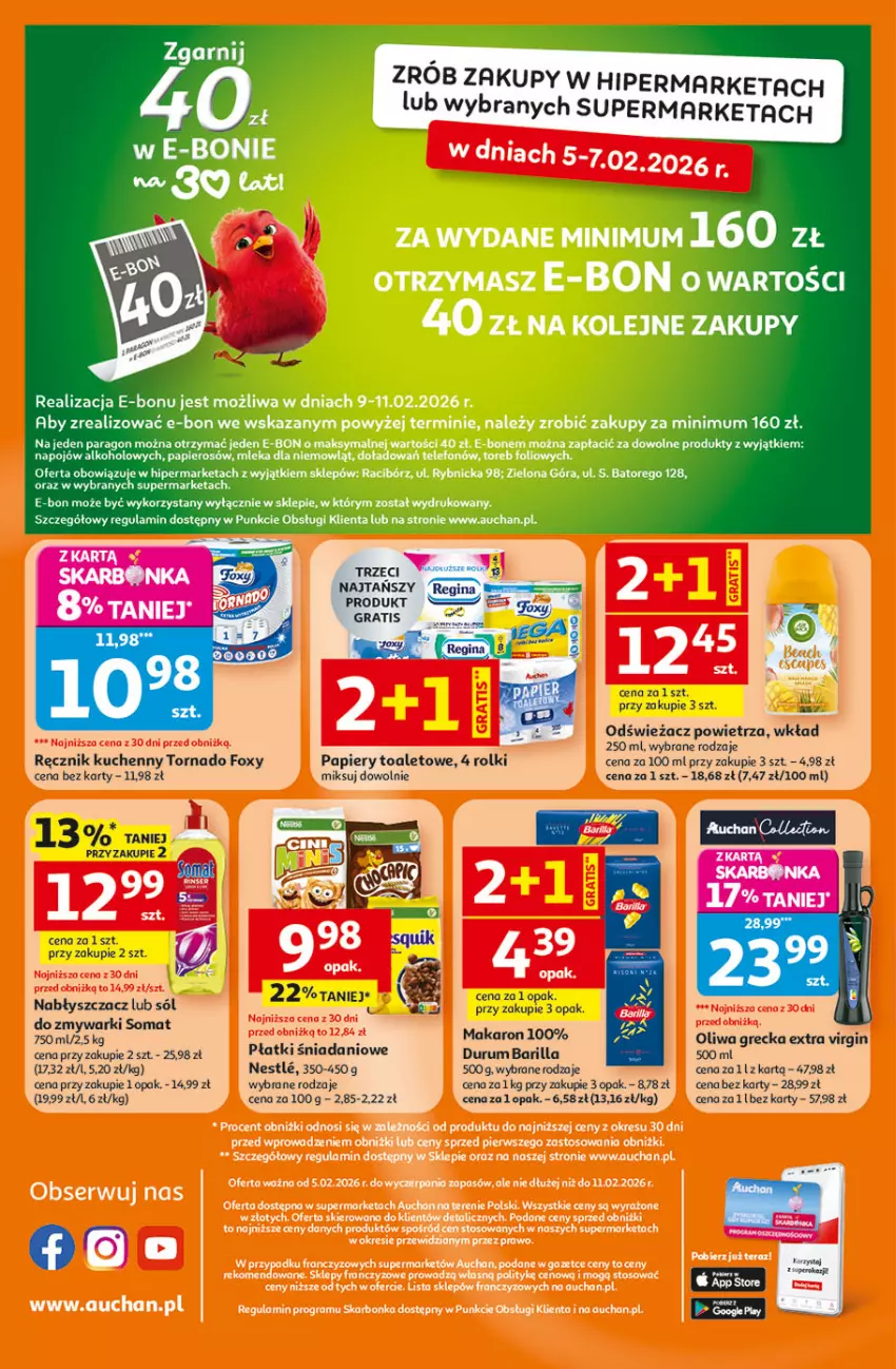 Gazetka promocyjna Auchan - Gazetka 30 Lat Supermarket Auchan Franczyza - ważna 05.02 do 11.02.2026 - strona 4 - produkty: Barilla, Danio, Foxy, Gin, Gra, Makaron, Odświeżacz powietrza, Papier, Pur, Ręcznik, Ręcznik kuchenny, Rolki, Rum, Somat, Zmywarki