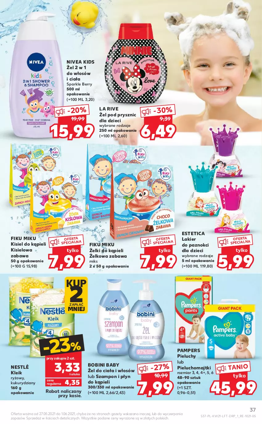 Gazetka promocyjna Kaufland - OFERTA TYGODNIA - ważna 27.05 do 01.06.2021 - strona 37 - produkty: Dzieci, Kisiel, La Rive, Lakier, Lakier do paznokci, Majtki, Nestlé, Nivea, Pampers, Pieluchomajtki, Pieluchy, Płyn do kąpieli, Ryż, Szampon