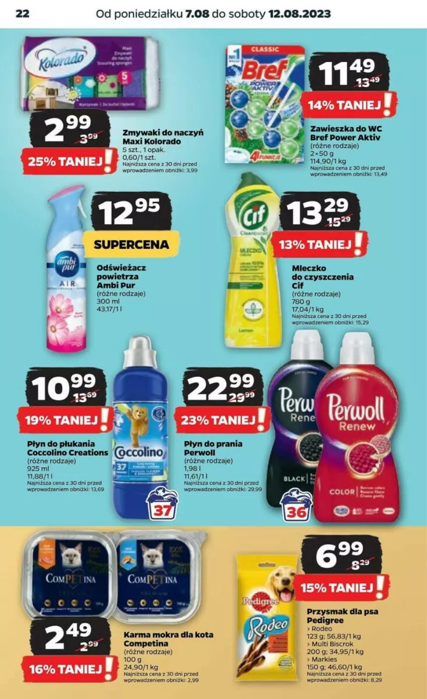 Gazetka promocyjna Netto - ważna 07.08 do 12.08.2023 - strona 15 - produkty: Ambi Pur, Bref, Cif, Coccolino, Kolorado, Miecz, Odświeżacz powietrza, Pedigree, Perwoll, Płyn do płukania, Płyn do prania, Przysmak dla psa, Pur, Zawieszka do wc