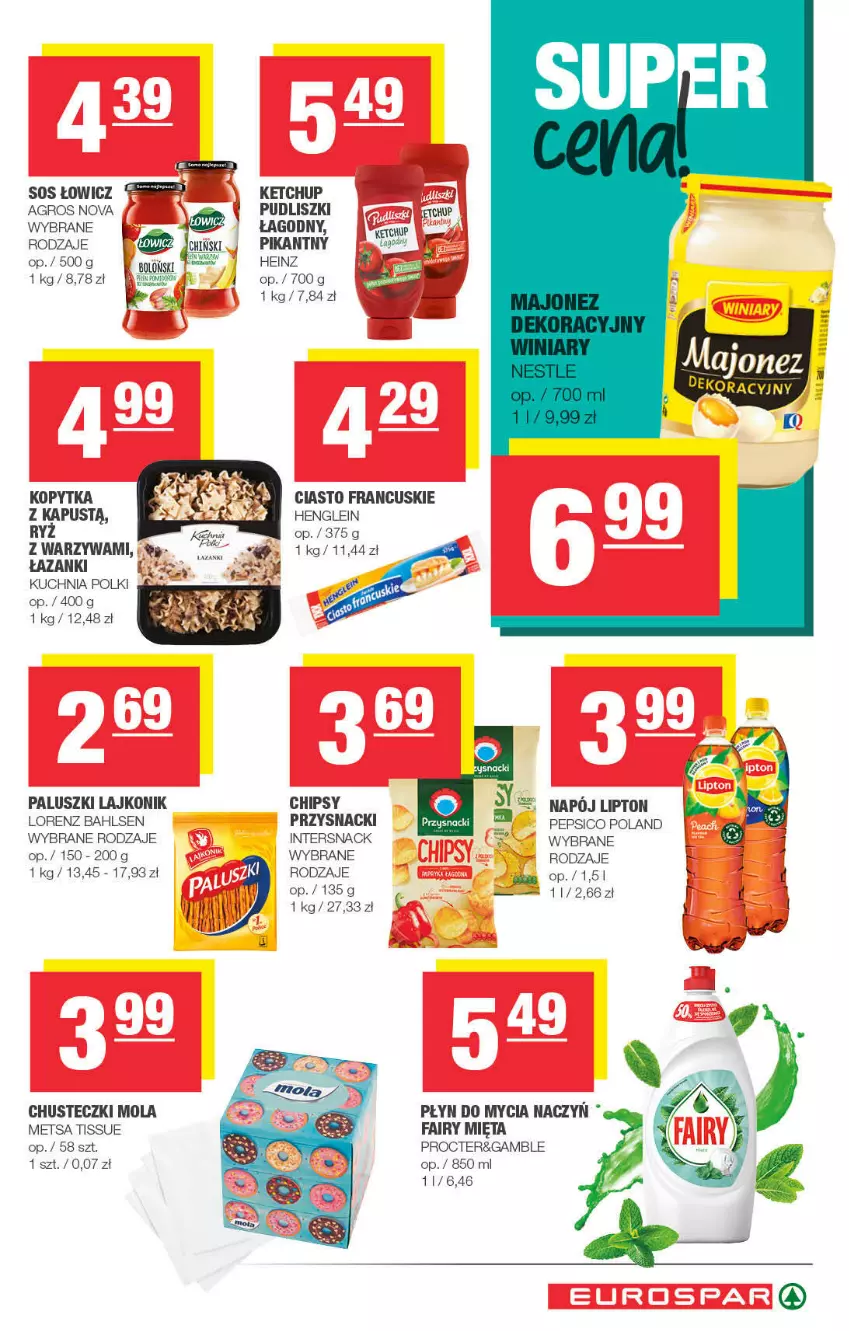 Gazetka promocyjna Spar - ważna 08.10 do 18.10.2021 - strona 11 - produkty: Chipsy, Chusteczki, Ciasto francuskie, Do mycia naczyń, Fa, Fairy, Heinz, Kapustą, Ketchup, Kopytka, Kuchnia, Lajkonik, Lipton, Lorenz, Majonez, Mięta, Mola, Napój, Pepsi, Płyn do mycia, Płyn do mycia naczyń, Por, Przysnacki, Pudliszki, Ryż, Sos, Warzywa