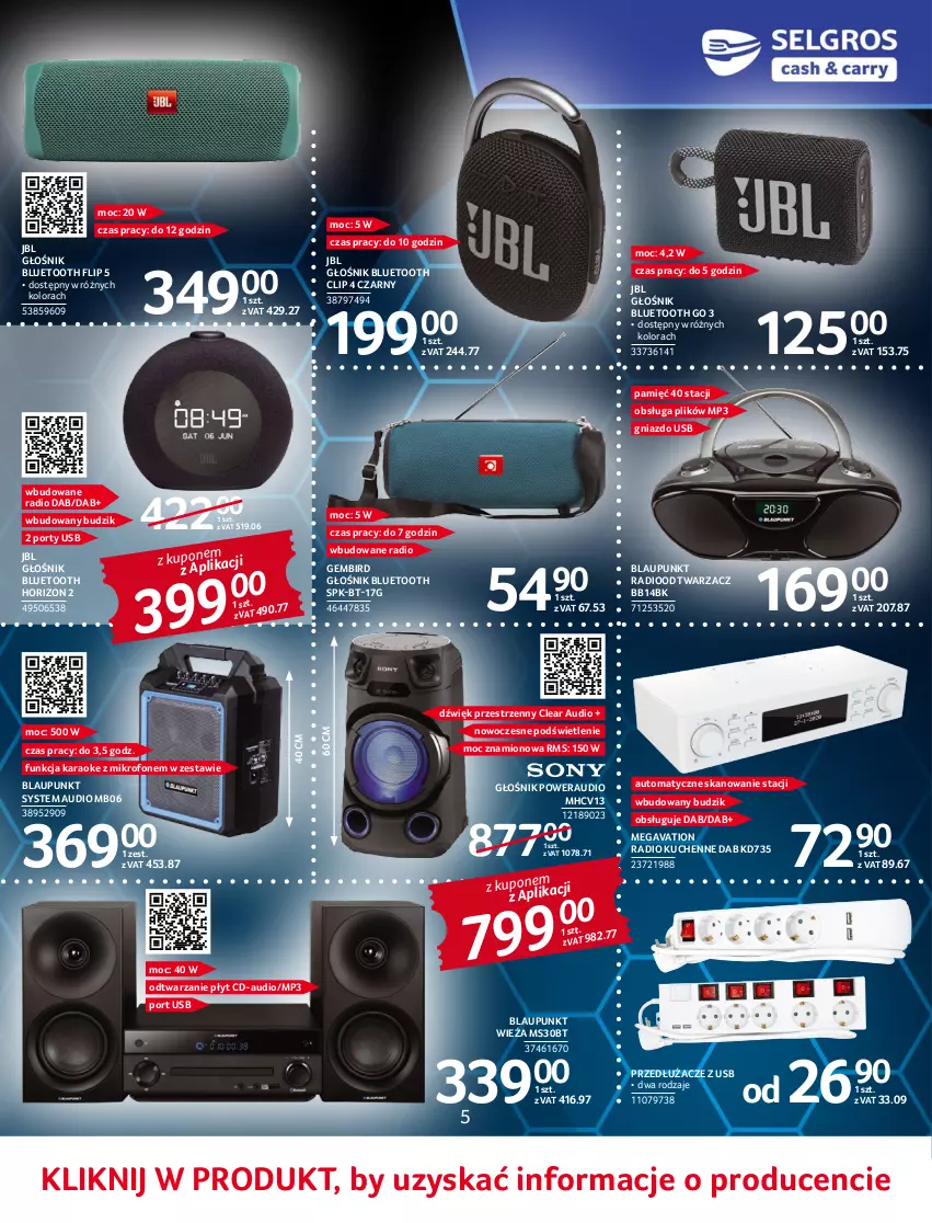 Gazetka promocyjna Selgros - Katalog Elektro - ważna 02.06 do 14.06.2022 - strona 5 - produkty: Budzik, Głośnik, Głośnik bluetooth, JBL, Mikrofon, Por, Radioodtwarzacz