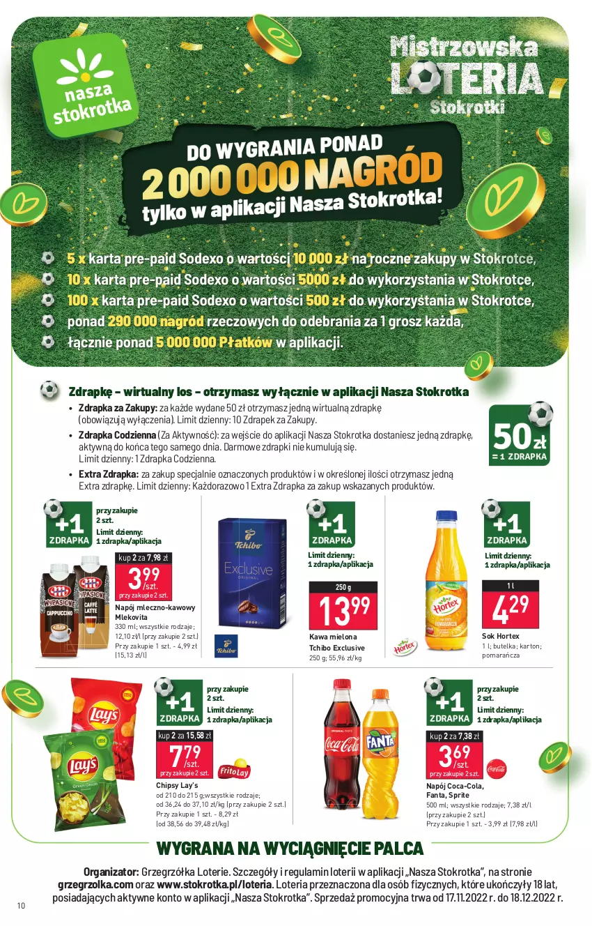 Gazetka promocyjna Stokrotka - Market - ważna 17.11 do 23.11.2022 - strona 10 - produkty: Chipsy, Coca-Cola, Fa, Fanta, Gra, Hortex, Kawa, Kawa mielona, Lay’s, Mleko, Mlekovita, Napój, Sok, Sprite, Tchibo