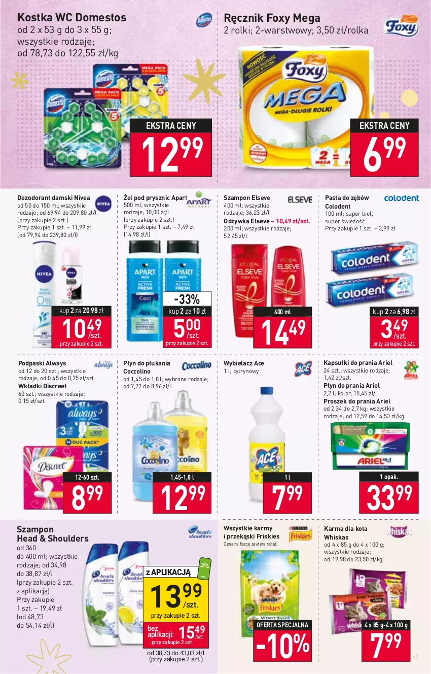 Gazetka promocyjna Stokrotka - Market - ważna 17.11 do 23.11.2022 - strona 11 - produkty: Always, Ariel, Coccolino, Dezodorant, Discreet, Domestos, Elseve, Foxy, Friskies, Kapsułki do prania, Nivea, Odżywka, Pasta do zębów, Płyn do płukania, Płyn do prania, Podpaski, Proszek do prania, Ręcznik, Rolki, Szampon, Whiskas, Wkładki