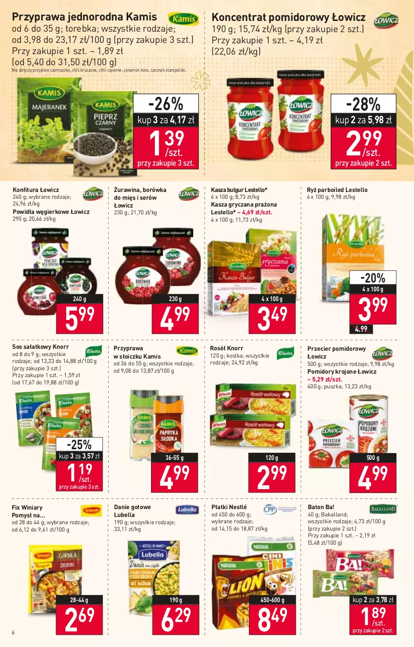 Gazetka promocyjna Stokrotka - Market - ważna 17.11 do 23.11.2022 - strona 6 - produkty: Ba!, Bakalland, Baton, Bell, Bella, Borówka, Bulgur, Czosnek, Danie gotowe, Gry, Kamis, Kasza, Kasza gryczana, Knorr, Koncentrat pomidorowy, Konfitura, LG, Lubella, Nestlé, Pomidory, Pomidory krojone, Rosół, Ryż, Ryż parboiled, Sałat, Ser, Sos, Torebka, Winiary