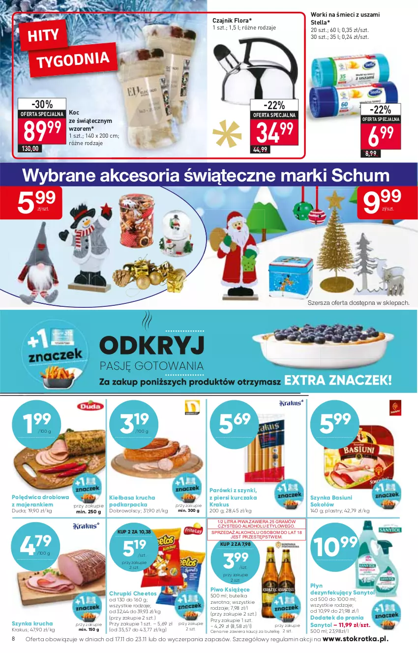 Gazetka promocyjna Stokrotka - Market - ważna 17.11 do 23.11.2022 - strona 8 - produkty: Cheetos, Chrupki, Czajnik, Duda, Flora, Gra, Karp, Kiełbasa, Kiełbasa krucha, Koc, Krakus, Książęce, Kurczak, Parówki, Parówki z szynki, Piwa, Piwo, Polędwica, Sanytol, Sok, Sokołów, Szynka, Worki na śmiec, Worki na śmieci