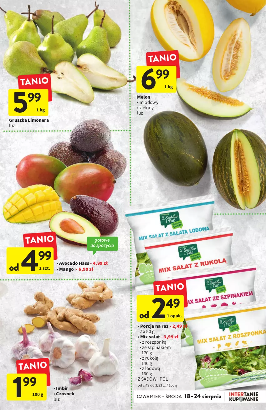 Gazetka promocyjna Intermarche - Gazetka Intermarche - ważna 18.08 do 24.08.2022 - strona 13 - produkty: Avocado, Czosnek, Imbir, Mango, Melon, Por, Sałat, Szpinak